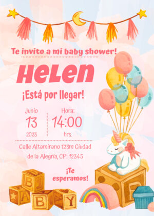 Invitación de Unicornio con Globos en tonos Pastel para Baby Shower